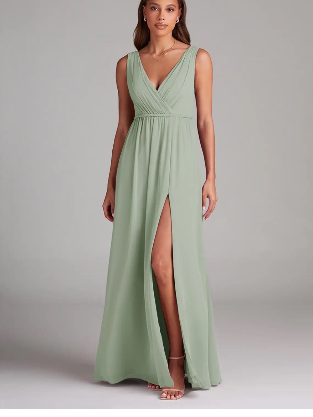 Azazie Sage Green V-Neck Sleeveless Maxi Dress with Front Slit (NEVER WORN)